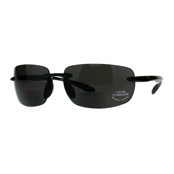 Mens Rimless Warp Sport Sunglasses With Bifocal Reading Lenses All Black 1.0