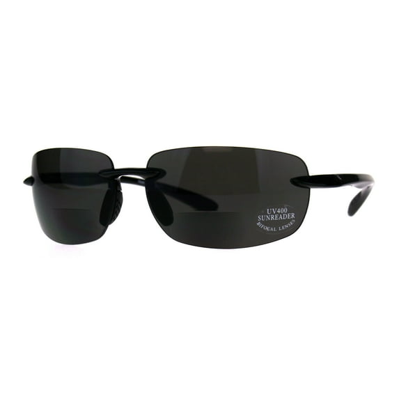 Mens Rimless Warp Sport Sunglasses With Bifocal Reading Lenses All Black 1.0