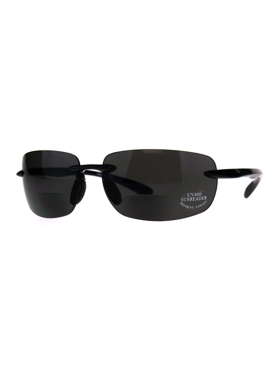 Mens Rimless Warp Sport Sunglasses With Bifocal Reading Lenses All Black 2.0