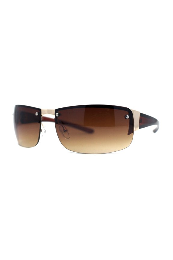 Mens Rimless Wrap Narrow Rectangle 90s Metal Rim Designer OG Sunglasses Gold Brown