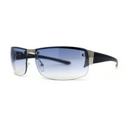 Mens Rimless Wrap Narrow Rectangle 90s Metal Rim Designer OG Sunglasses Silver Navy Blue