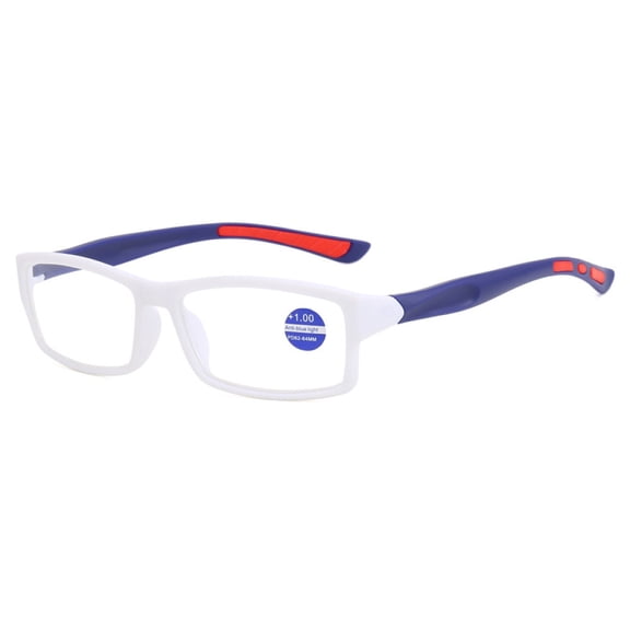 Mens Rimmed Sport Reading Glasses +1.5, Womens Blue Light Blocking Plastic White Frame Purple Temple Readers 1.5