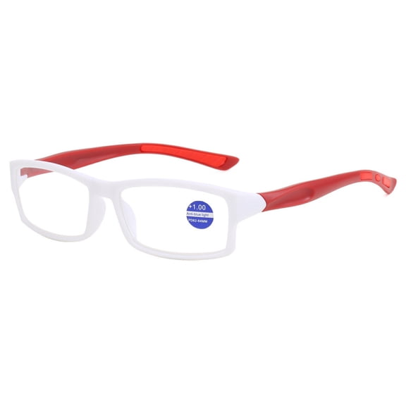 Mens Rimmed Sport Reading Glasses +1.5, Womens Blue Light Blocking Plastic White Frame Red Temple Readers 1.5