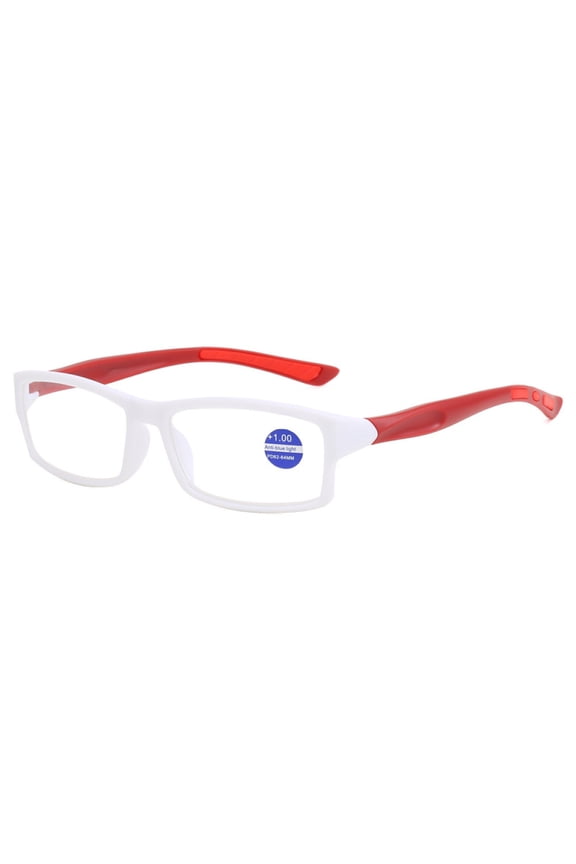 Mens Rimmed Sport Reading Glasses +1.5, Womens Blue Light Blocking Plastic White Frame Red Temple Readers 1.5