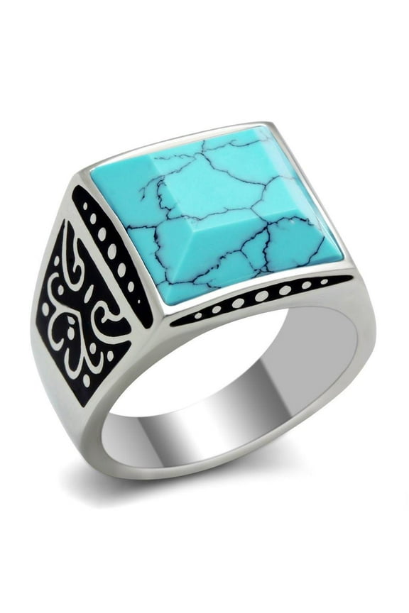 Mens Ring 3D Squared Turquoise Stainless Steel Ring in Blue