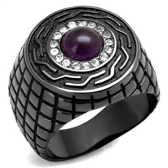 Mens Ring Black Purple Stainless Steel Ring with Semi-Precious Amethyst Crystal
