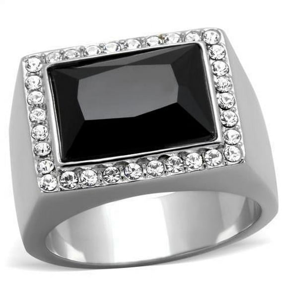 Mens Ring Black Silver Stainless Steel Ring with Synthetic Onyx in Jet