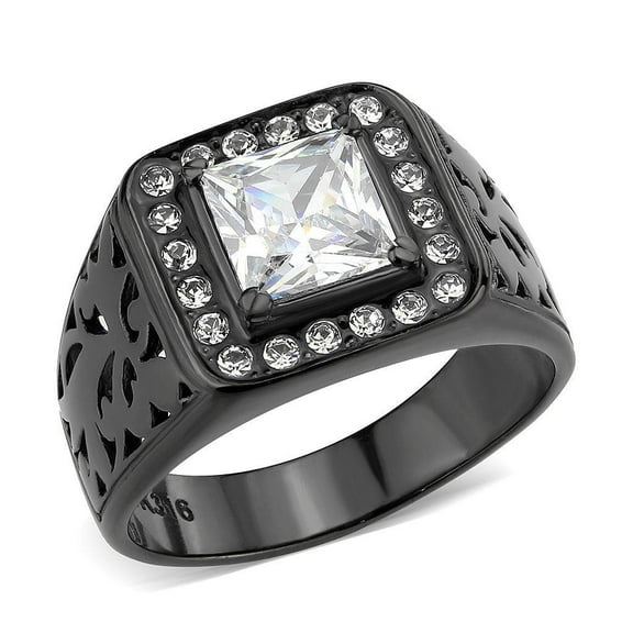 Mens Ring Black Squared Stainless Steel Ring with AAA Grade CZ in Clear