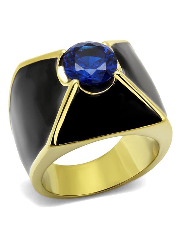 Mens Ring Blue Gold Black Round Cut Pyramid Stainless Steel Ring with AAA Grade CZ in London Blue