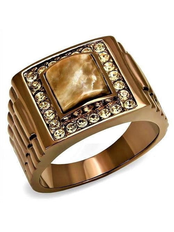 Mens Ring Coffee light Stainless Steel Ring with Semi-Precious Rain Flower Stone in Brown