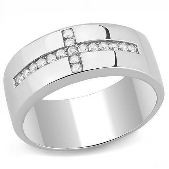 Mens Ring Cross Silver Stainless Steel Ring with AAA Grade CZ in Clear
