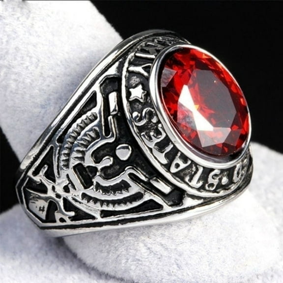 Mens Ring Eagle Inlaid Red Sapphire Alloy Metal Geometric Design Party Jewelry Accessory Unique Fashion Statement