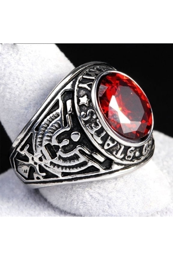 Mens Ring Eagle Inlaid Red Sapphire Alloy Metal Geometric Design Party Jewelry Accessory Unique Fashion Statement