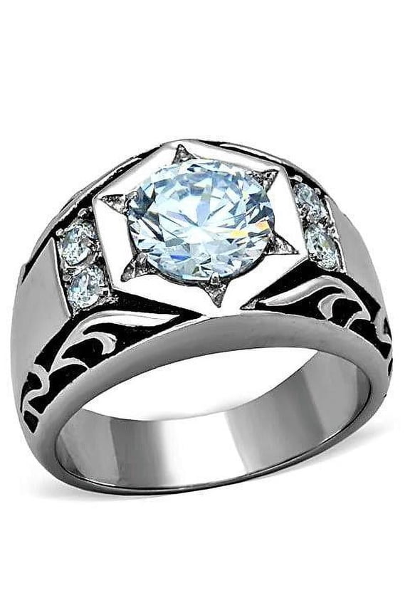Mens Ring Hexagon Round Syndication Stainless Steel Ring with AAA Grade CZ in Clear