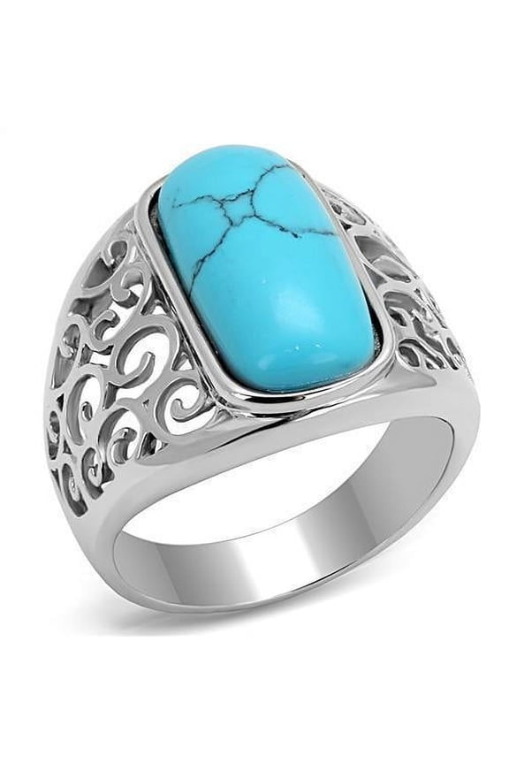 Mens Ring Oval Turquoise Stainless Steel Ring in Sea Blue