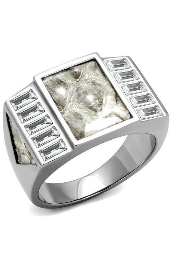 Mens Ring Rectagular Marble Grey White Stainless Steel Ring with AAA Grade CZ in Clear