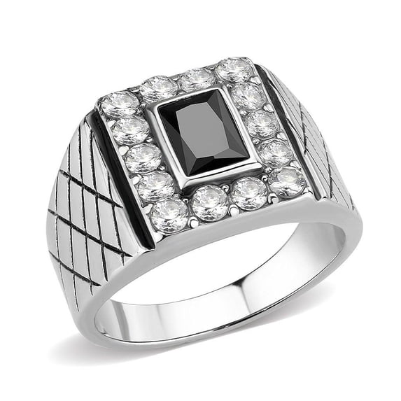 Mens Ring Rectangle Squared Stainless Steel Ring with AAA Grade CZ in Jet