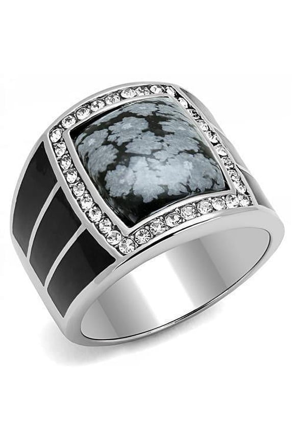Mens Ring Rectangular Black Grey Stainless Steel Ring with Semi-Precious Snowflake Obsidian in Jet