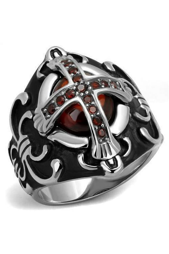 Mens Ring Red Cross Stainless Steel Ring with AAA Grade CZ in Garnet