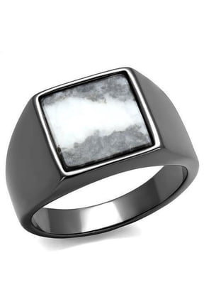Mens Ring Semi-Precious Zebra Jasper in Gray Stainless Steel