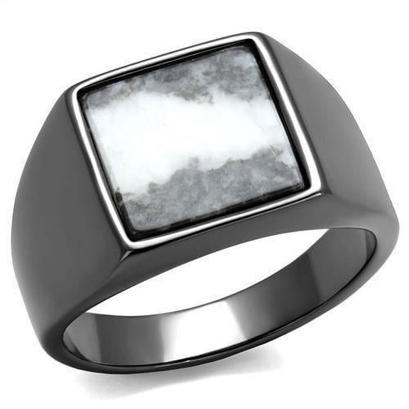 Mens Ring Semi-Precious Zebra Jasper in Gray Stainless Steel