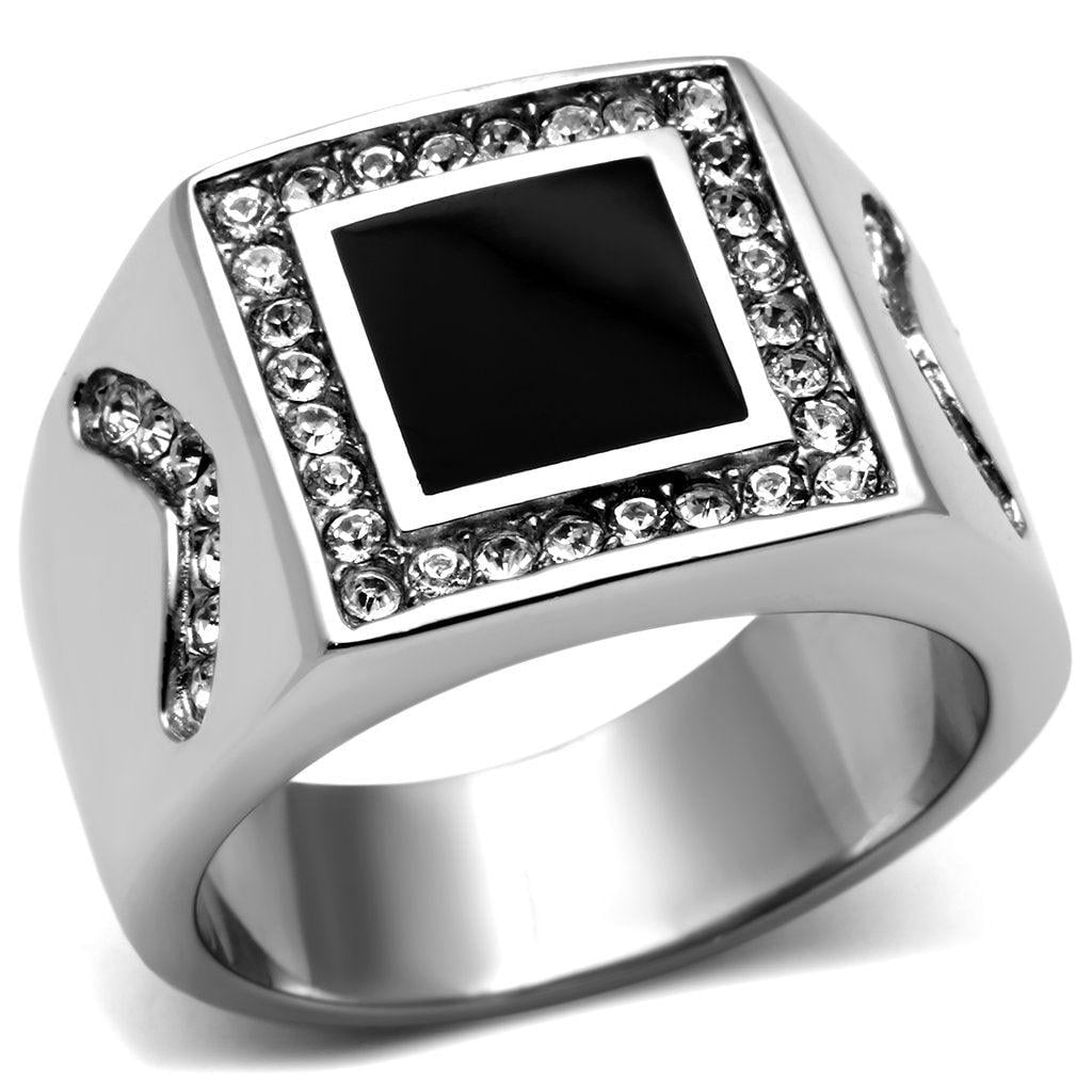 Mens Ring Silver Black Onyx Stainless Steel Ring with Top Grade Crystal in Clear