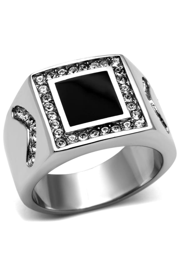 Mens Ring Silver Black Onyx Stainless Steel Ring with Top Grade Crystal in Clear