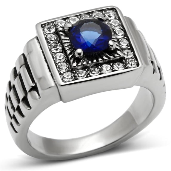 Mens Ring Silver Blue Round Cut Squared Stainless Steel Ring with Sapphire in Montana