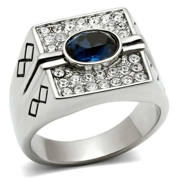 Mens Ring Silver Blue Stainless Steel Ring with Top Grade Synthetic Sapphire in Montana