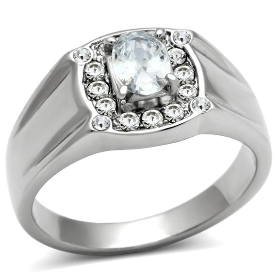 Mens Ring Silver Oval Cut Unique Stainless Steel Ring with AAA Grade CZ in Clear
