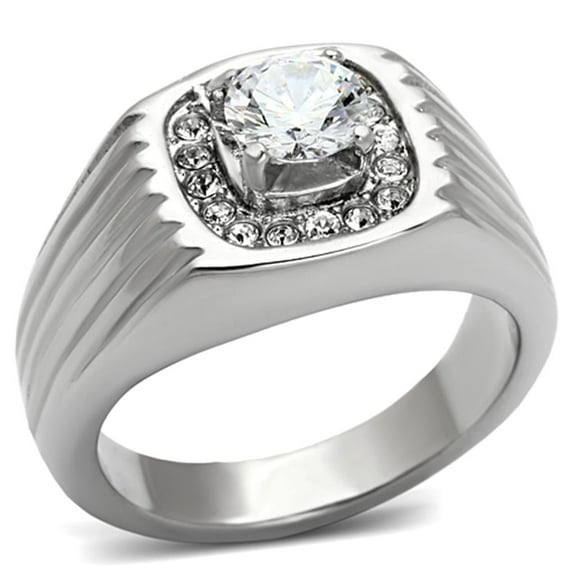 Mens Ring Silver Round Cut Stainless Steel Ring with AAA Grade CZ in Clear