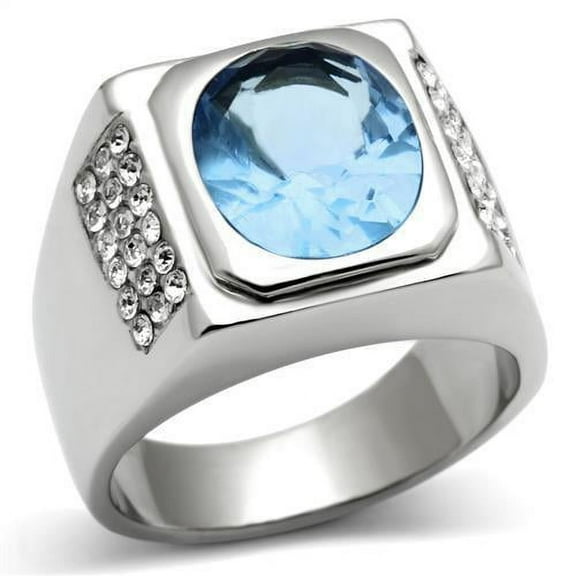 Mens Ring Silver Round Stainless Steel Ring with Synthetic Aquamarine Light Sapphire