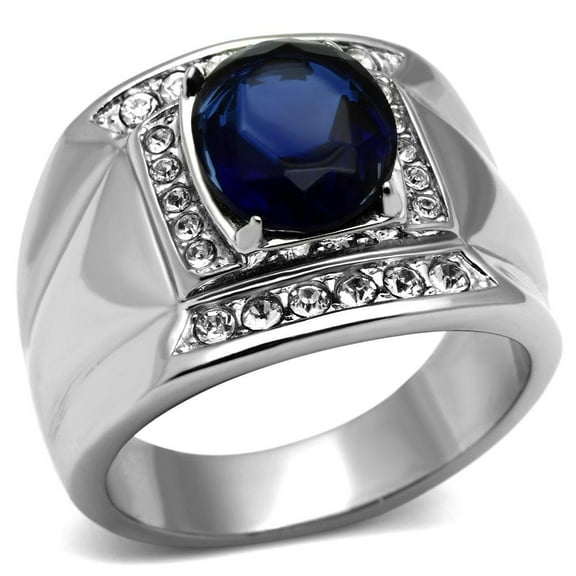 Mens Ring Silver Squared Blue Stainless Steel Ring with Synthetic Sapphire Montana