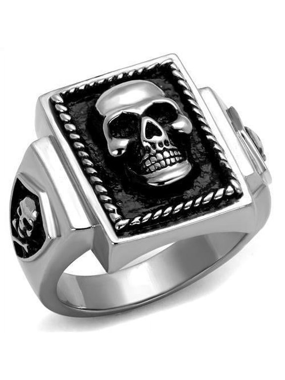 Mens Ring Skull Black Silver Stainless Steel Ring with Epoxy in Jet