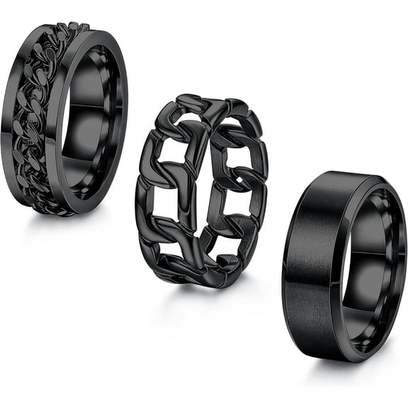 Mens Rings 3Pcs Silver Rings for Men Women Stainless Steel Plain Band Ring Cuban Link Chain Rings Spinner Ring Men's Promise Wedding Rings Set,Size 6-14