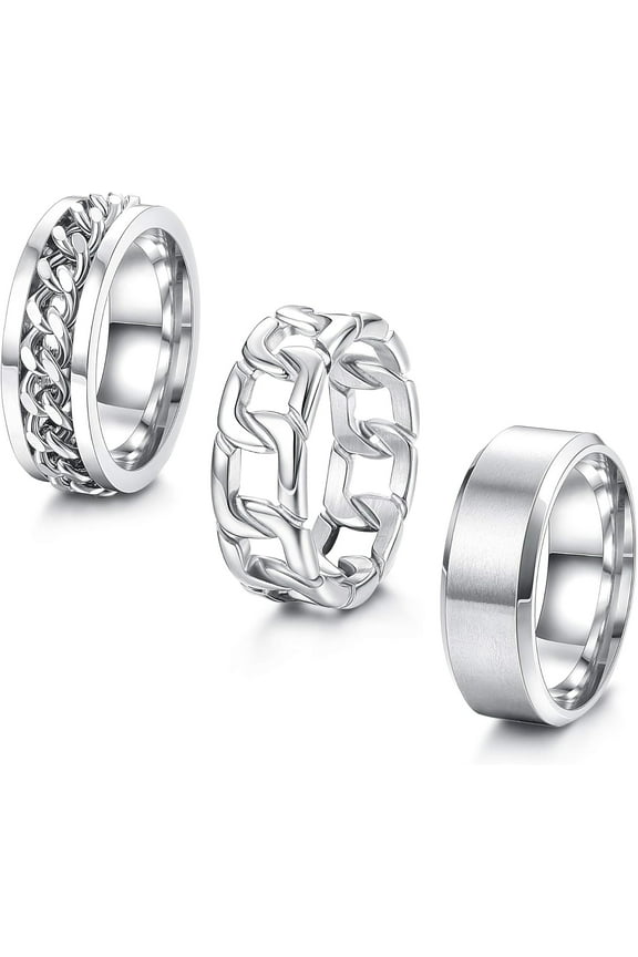 Mens Rings 3Pcs Silver Rings for Men Women Stainless Steel Plain Band Ring Cuban Link Chain Rings Spinner Ring Men's Promise Wedding Rings Set,Size 6-14