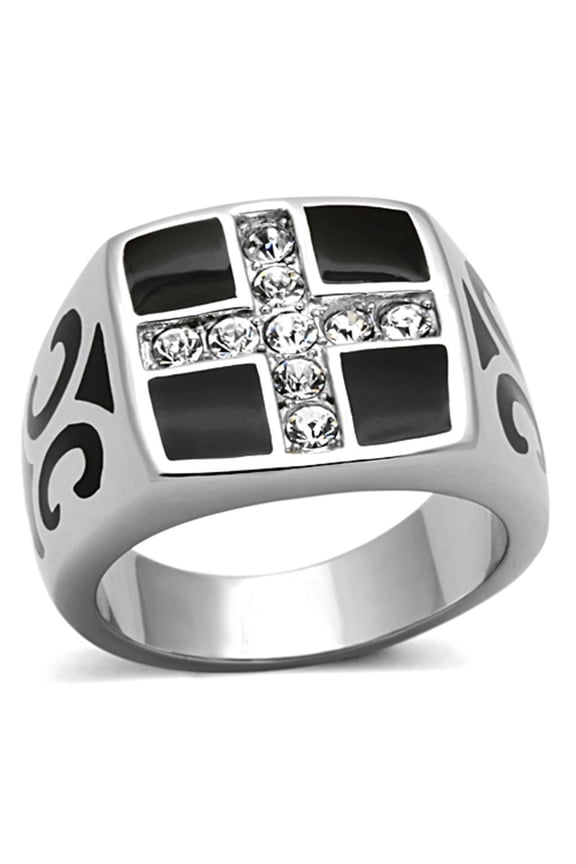 Mens Rings Cross Squared Black Onyx Stainless Steel Ring with Top Grade Crystal in Clear