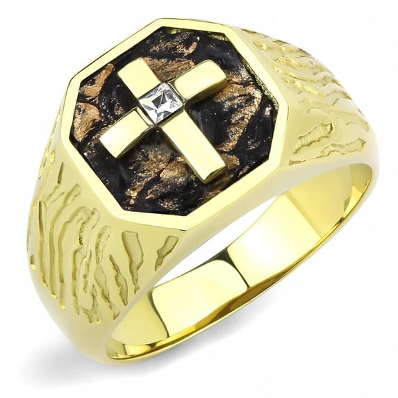 Mens Rings Squared Cross Brown Black Stainless Steel Ring with Top Grade Crystal in Clear