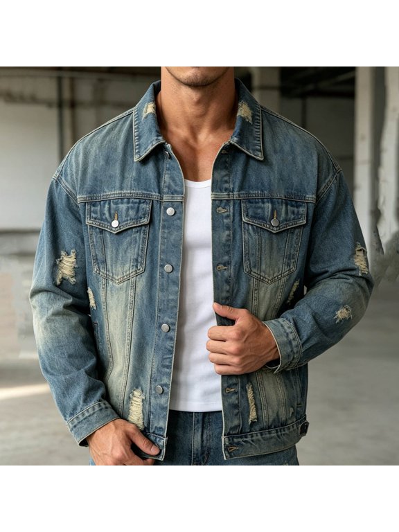 Mens Ripped Denim Jackets Long Sleeve Button Down Fashion High Street Cool Jacket Edgy Washed Distressed Workwear Outfit Light Blue M