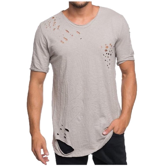 Mens Ripped Distressed Cotton Shirts Vintage Hipster Hip Hop Longline Crew Neck T-Shirt Size 2XL Gray