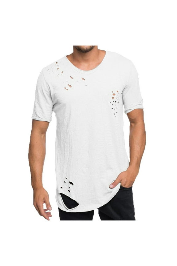 Mens Ripped Holes T-shirt Short-Sleeve Crewneck Tees Solid Muscle Tops Hip Hop Slim-fit Streetwear Blouses