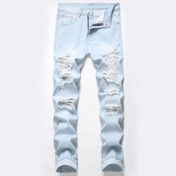 Mens Ripped Jeans,Distressed Destroyed Fit Straight Leg Denim Pant with Holes Men's Fashion Have Pockets Button Zipper Personality Denim Trend Jeans