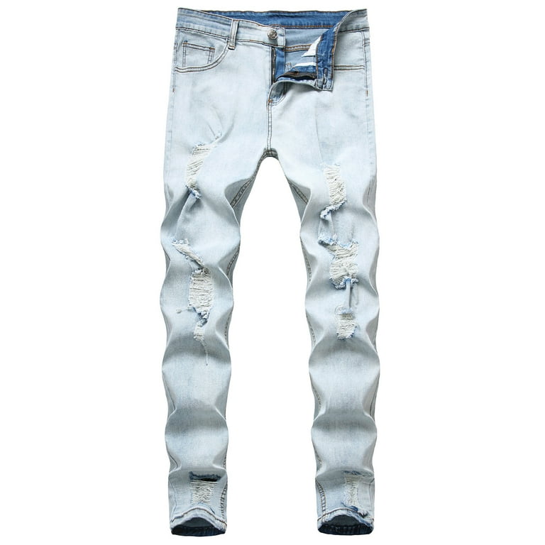 Men Purple Tie and Dye Holes Ripped Jeans Trendy Stretch Denim Slim  Straight Pants Trousers