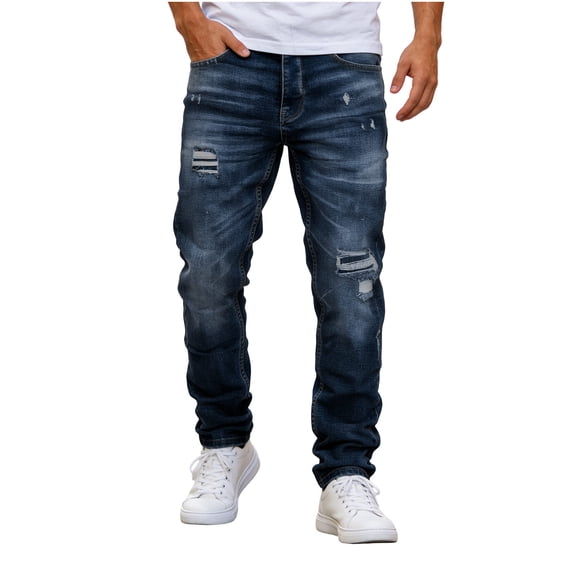 Mens Ripped Jeans Distressed Slim Fit Straight Leg Denim Pants Elastic Waist Tapered Vintage Washed Jean Pants with Pockets