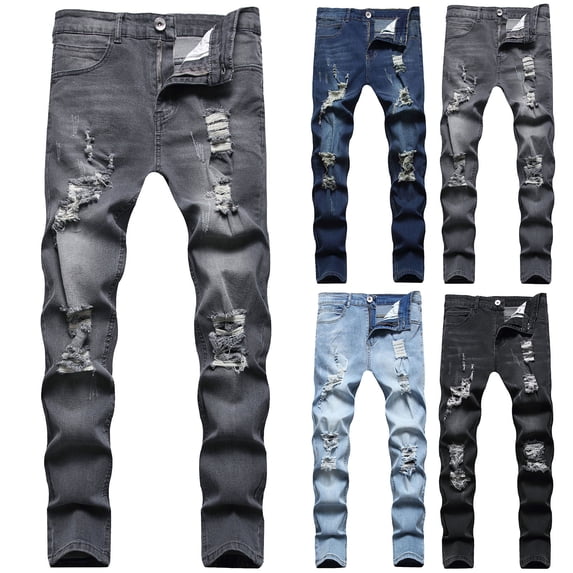 Mens Ripped Jeans Distressed Straight Leg Stretch Denim Pants Relaxed Fit Light Blue XL