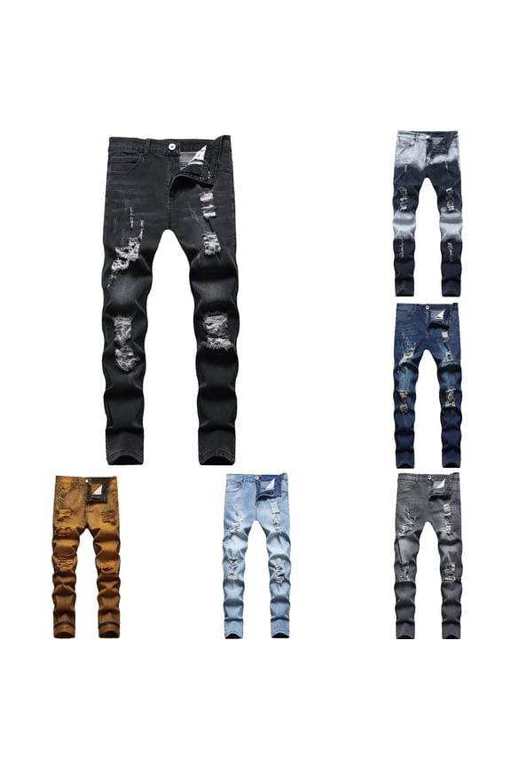 Mens Ripped Jeans Distressed Stretch Straight Leg Skinny Denim Pants Casual Black XXXL