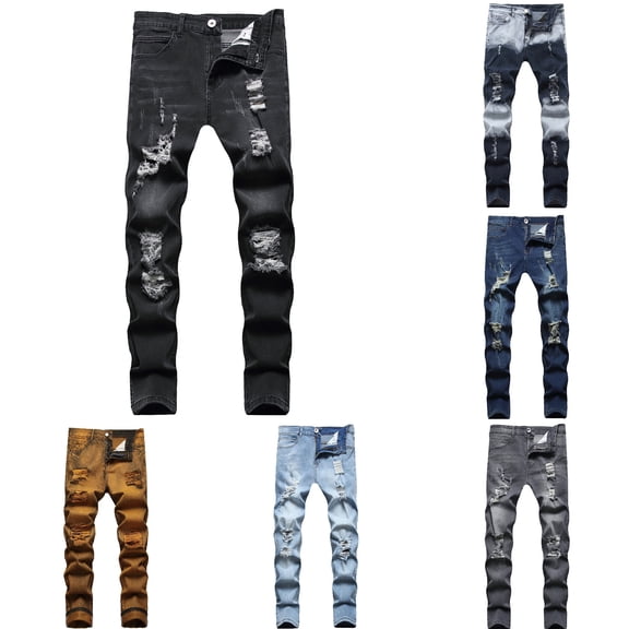 Mens Ripped Jeans Distressed Stretch Straight Leg Skinny Denim Pants Casual Black XXXL