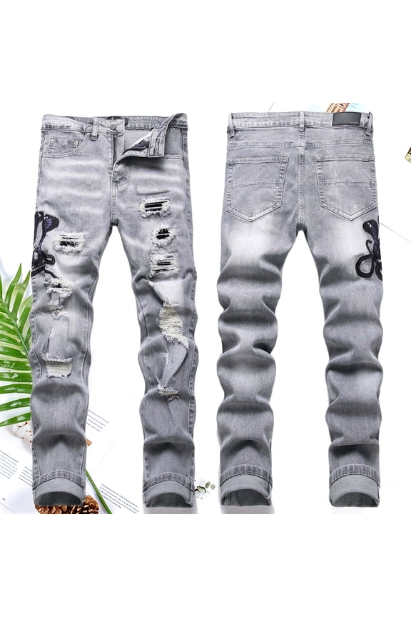 Mens Ripped Jeans Regular Fit Stretch Straight Leg Denim Pants Spring Fall Outdoor Sports Casual Trousers Blue 28