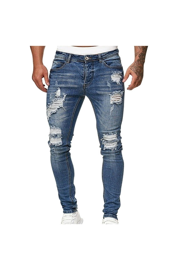 Mens Ripped Jeans Slim Fit Stretchy Low Waisted Skinny Distressed Denim Pants with Pockets Trendy Solid Comfort Washed Streetwear Jean