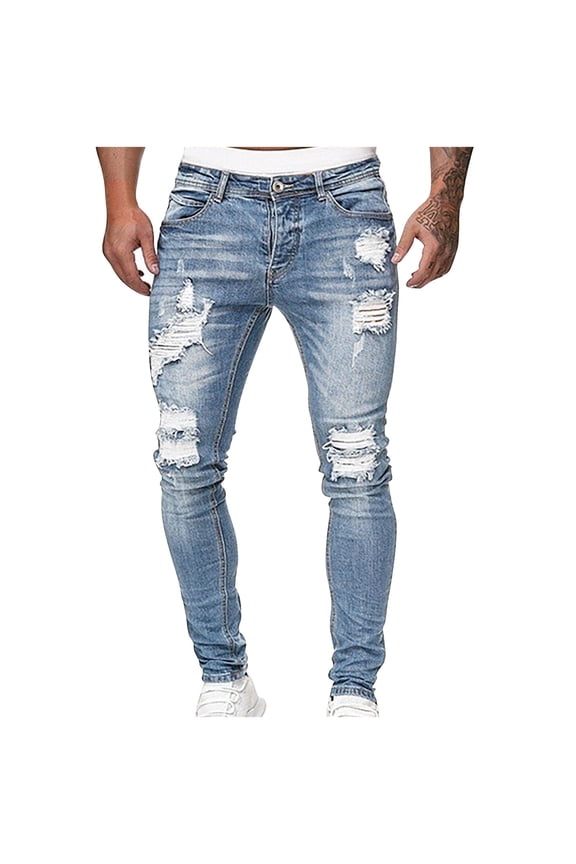 Mens Ripped Jeans Slim Fit Stretchy Low Waisted Skinny Distressed Denim Pants with Pockets Trendy Solid Comfort Washed Streetwear Jean